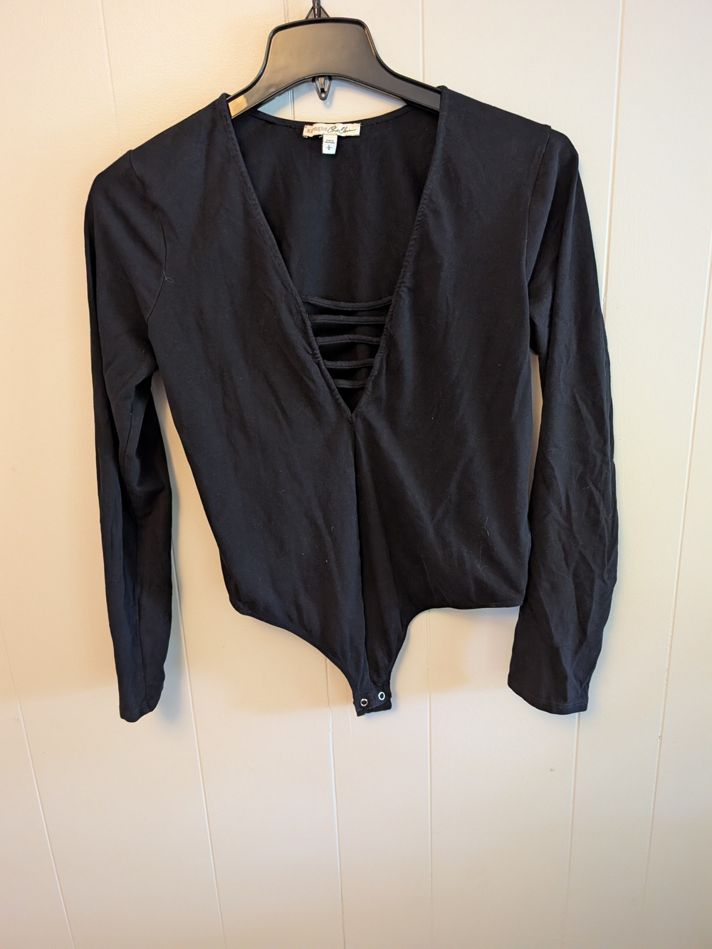 Express Black Long-Sleeve V-Neck Strappy Bodysuit